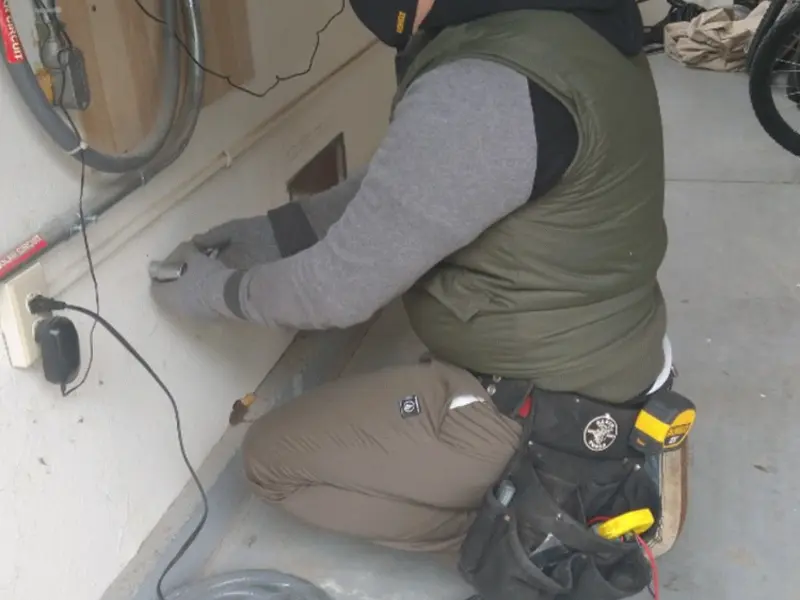 Electrician performing outlet wiring in a Gregg garage
